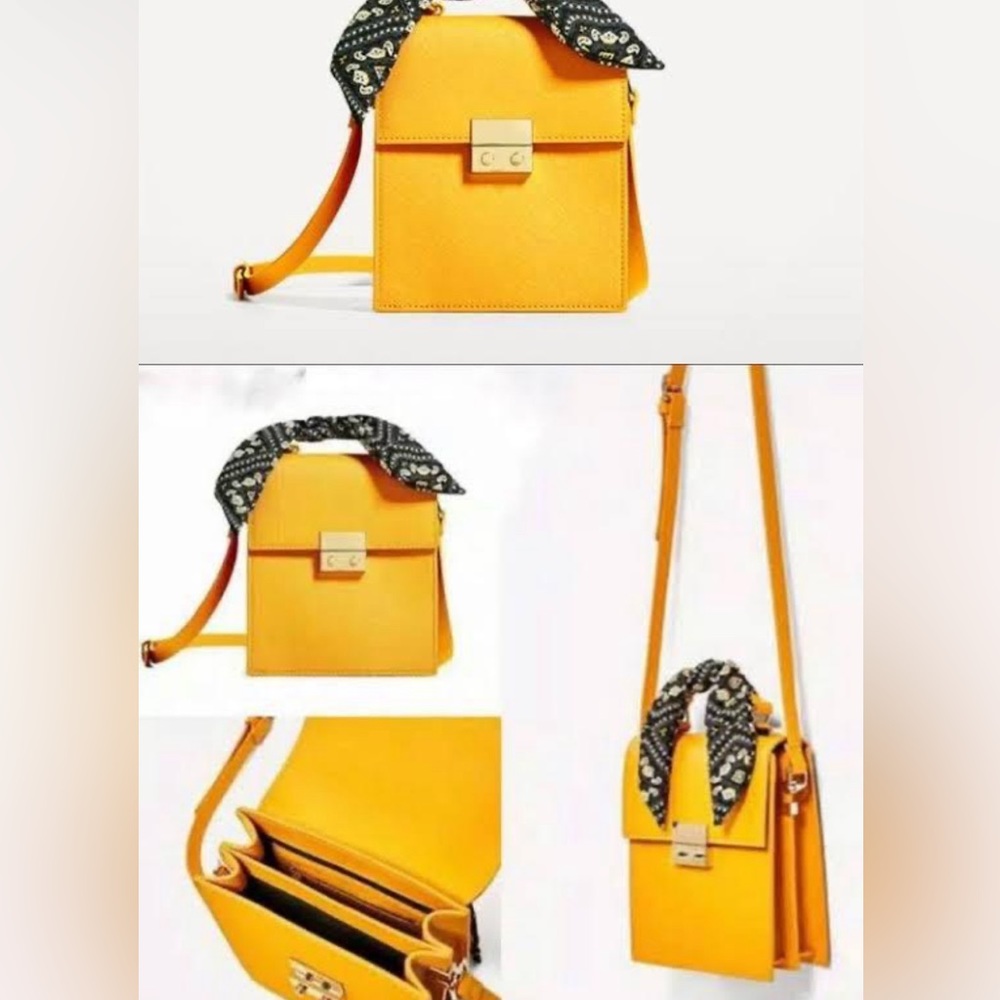 ZARA FAUX LEATHER IN MUSTARD RECTANGULAR BAG WITH SCARF & GOLD TONE ACCENT, SZ S - Picture 4 of 6